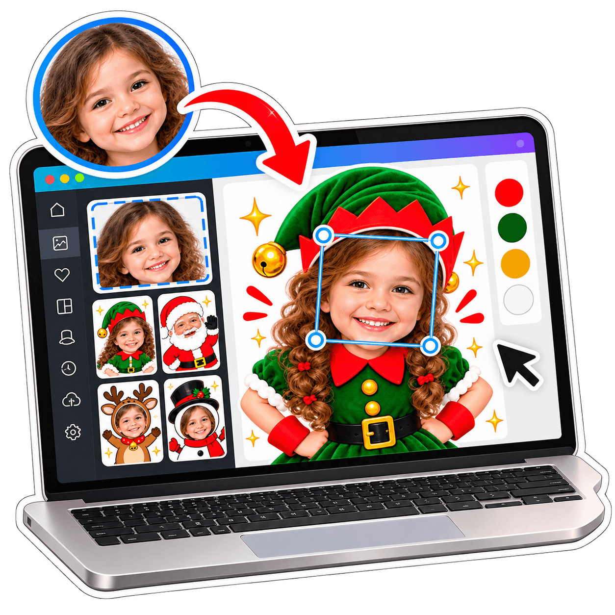 Interface do Canva mostrando a edição de personagens natalinos com passos: adicione foto, ajuste, baixe e imprima