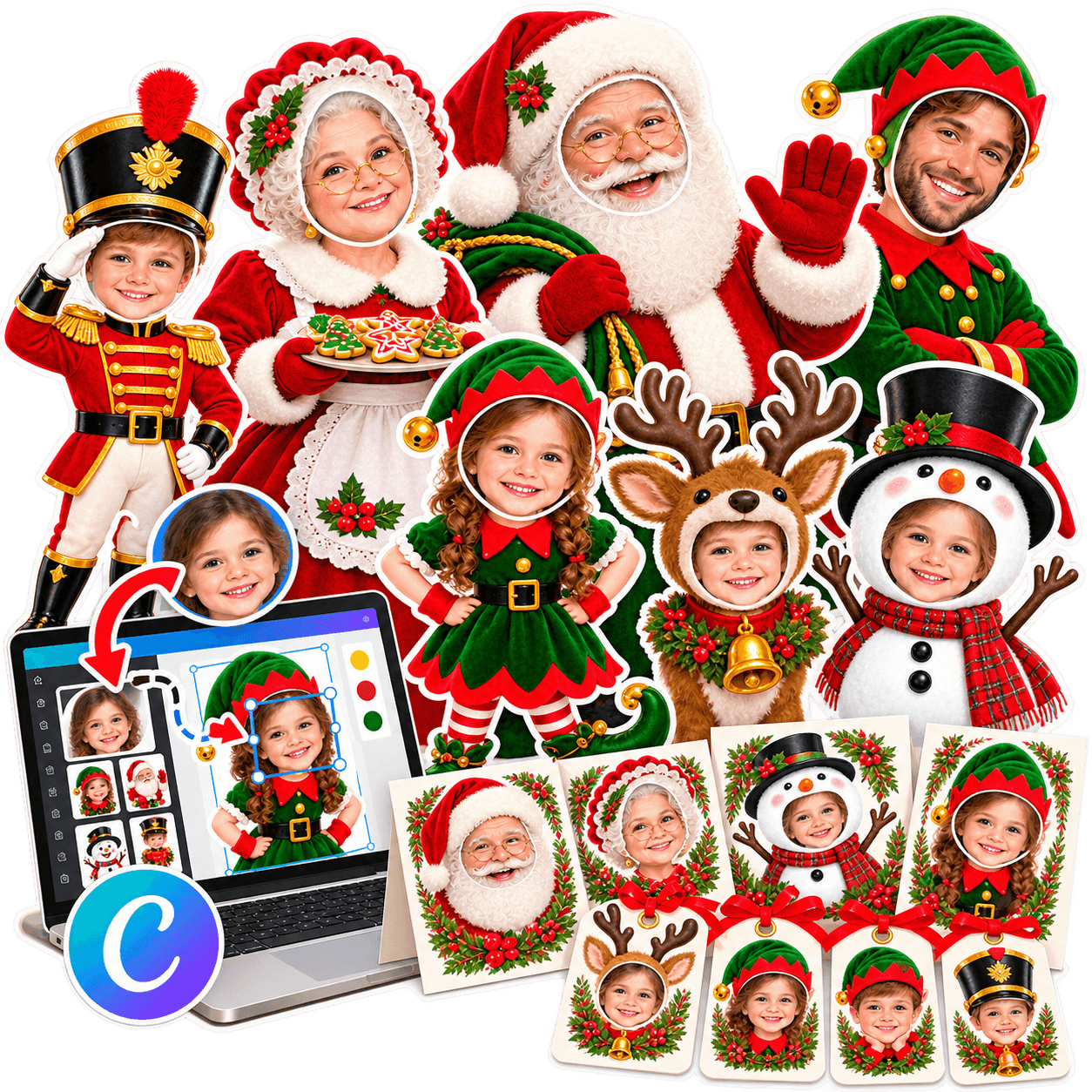 Vários personagens natalinos com rostos felizes encaixados em corpos ilustrados de elfos e Papai Noel